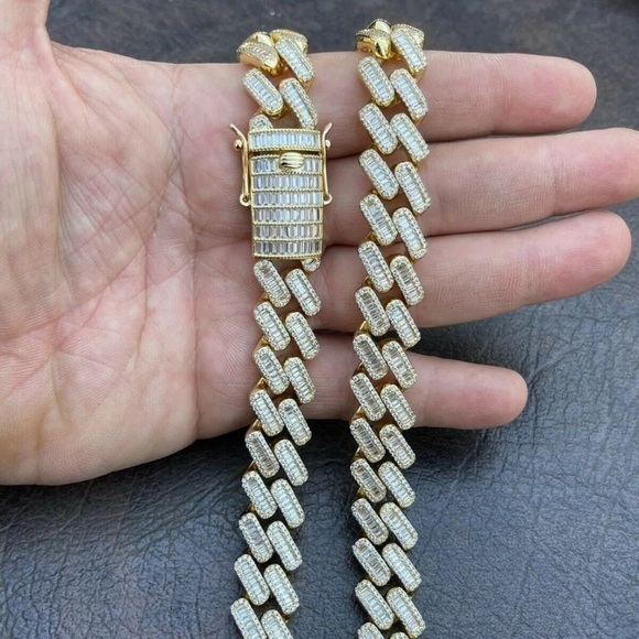 Men's Miami Cuban Link Chain Baguette Iced CZ 14k Gold Plated - Picture 1 of 5